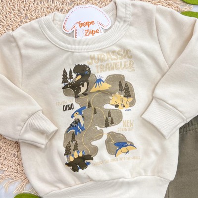 Conj. Casaco Jurassic Traveller e Calça de Moletom - Creme e Verde Musgo